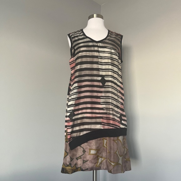 Alysi Silk Floral Striped A-line Cocktail Sleeveless Abstract Italy Dress - Picture 2 of 13